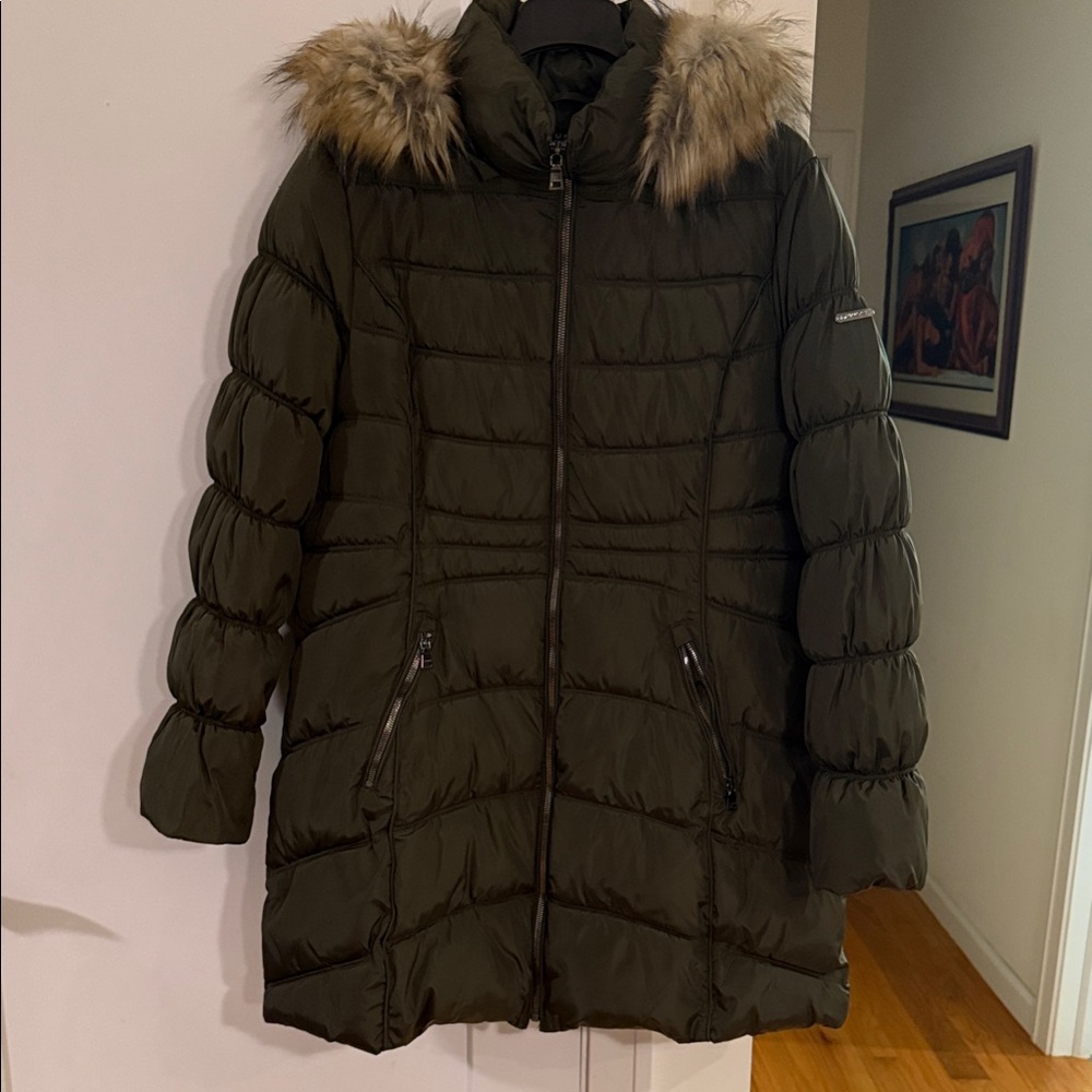 Laundry By Shelli Segal Olive Puffer Coat with Faux Fur Hood